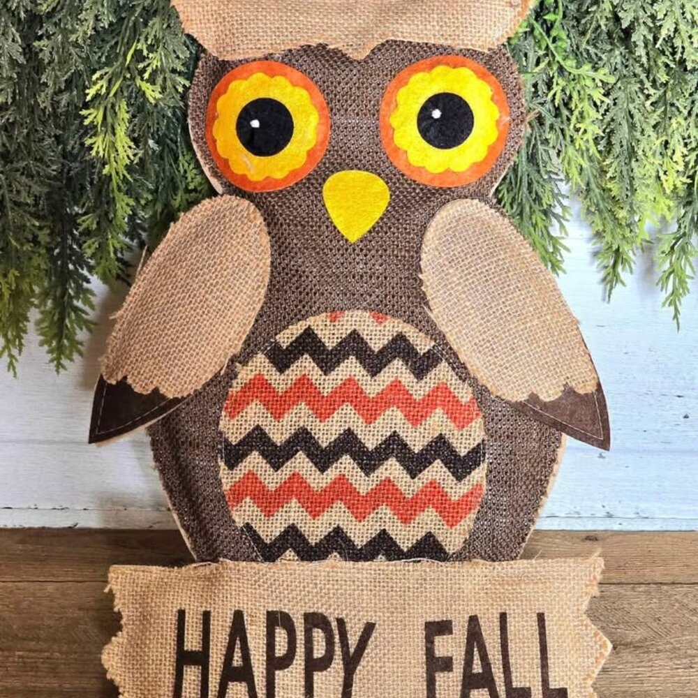 Primitive Happy Fall Brown & Orange Burlap Owl Wall Hanging Farmhouse Decor